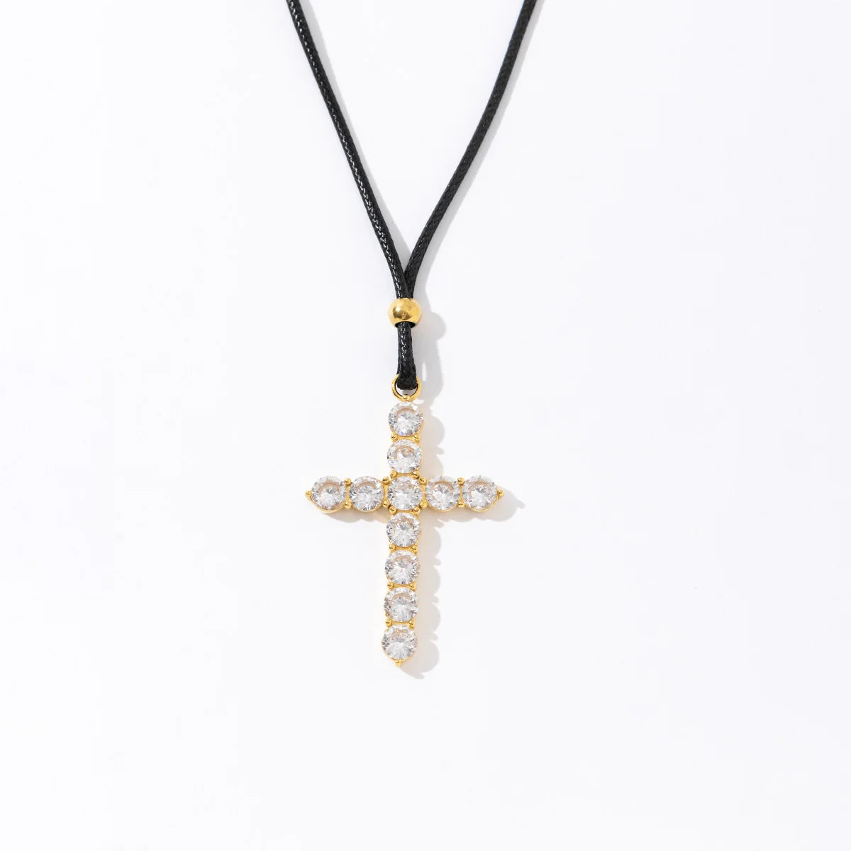 Trendy Black Wax Rope Personality Stainless Steel Plated 18K Gold Diamond Cross Pendant Necklace MegaBDM