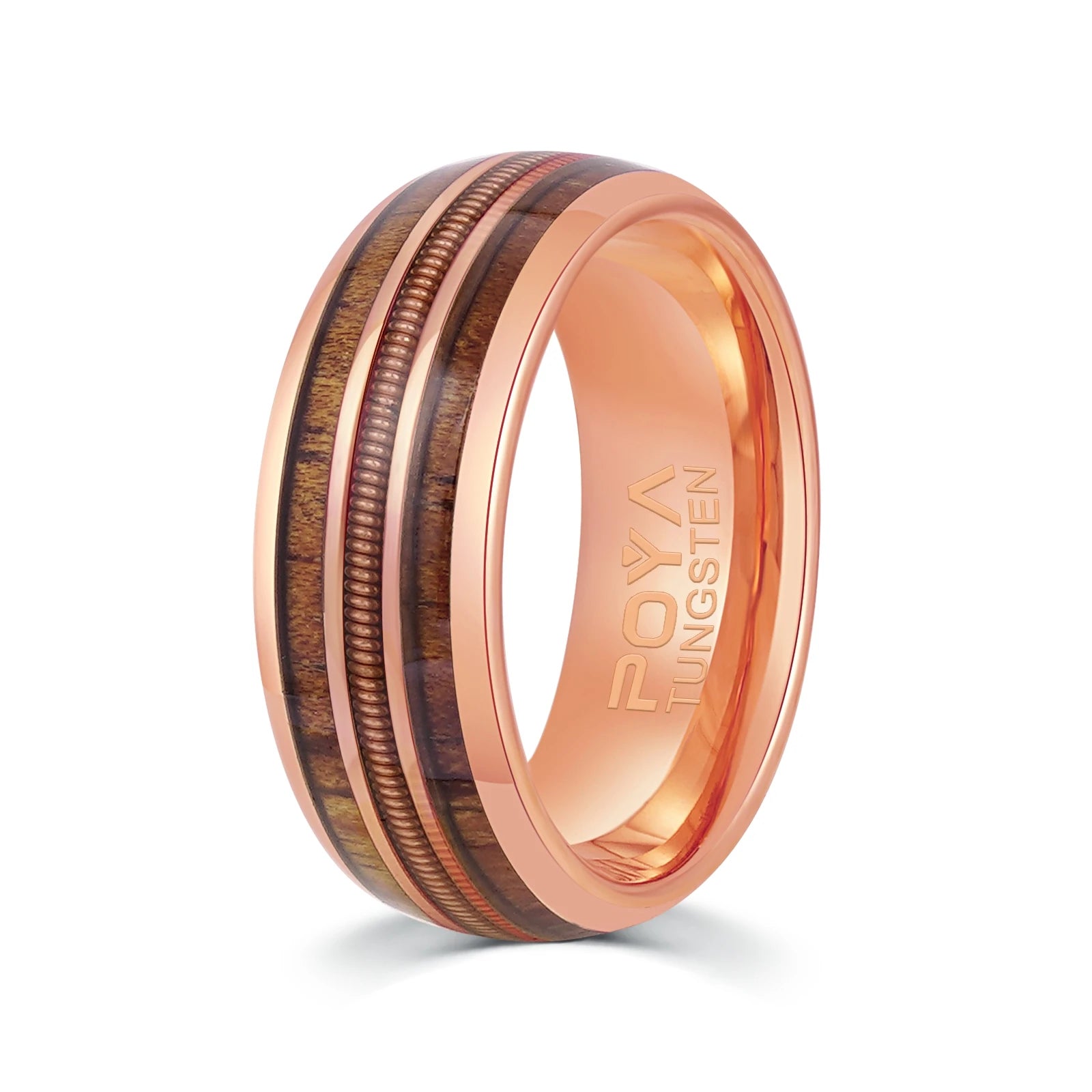 Poya 8mm Hawaiian Koa Wood Guitar String Inlay Rose Gold Dome Tungsten Carbide Ring for Men