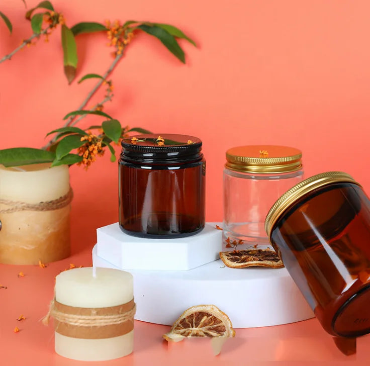 Empty Wholesale Round Thick 4 oz 8 oz 120ml 250ml Brown Glass Candle Packaging Jar With Metal Lids