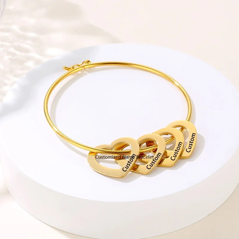 Minimalist Stainless Steel 18K Gold Plated Custom Name Heart Charm Trendy Fashion Bangle Bracelet for Women