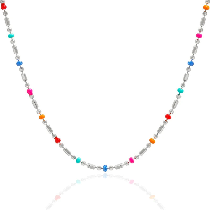 WMXA517 Multi-coloured Enamel S925 Sterling Silver Beads Chain Choker Necklace Multicolor Enamel Beaded Necklace