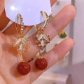 Wholesale Fashion Trendy Copper Pearl Maple Charm Huggie Hoop Dangle Drop Earrings Working Party Daily Women Jewelry Wedding
