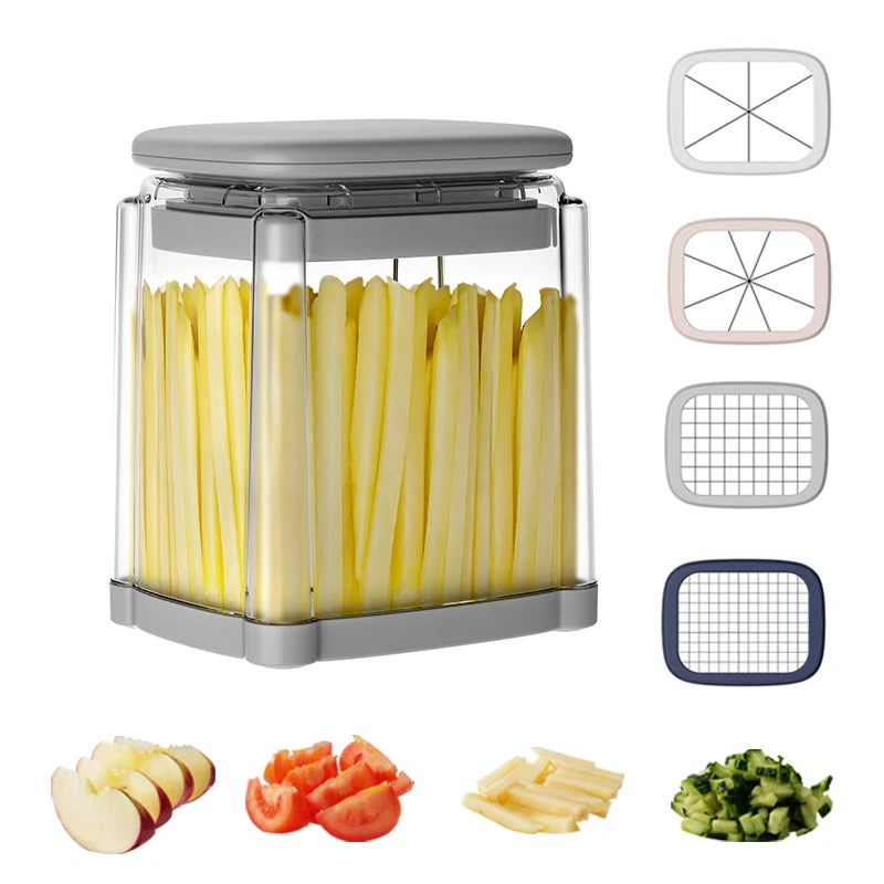Hot Selling Plastic Kitchen Tools 4-blade Stainless Steel Blades Vegetable Chips Slicer Cut Potato French Fry Cutter Chopper Box