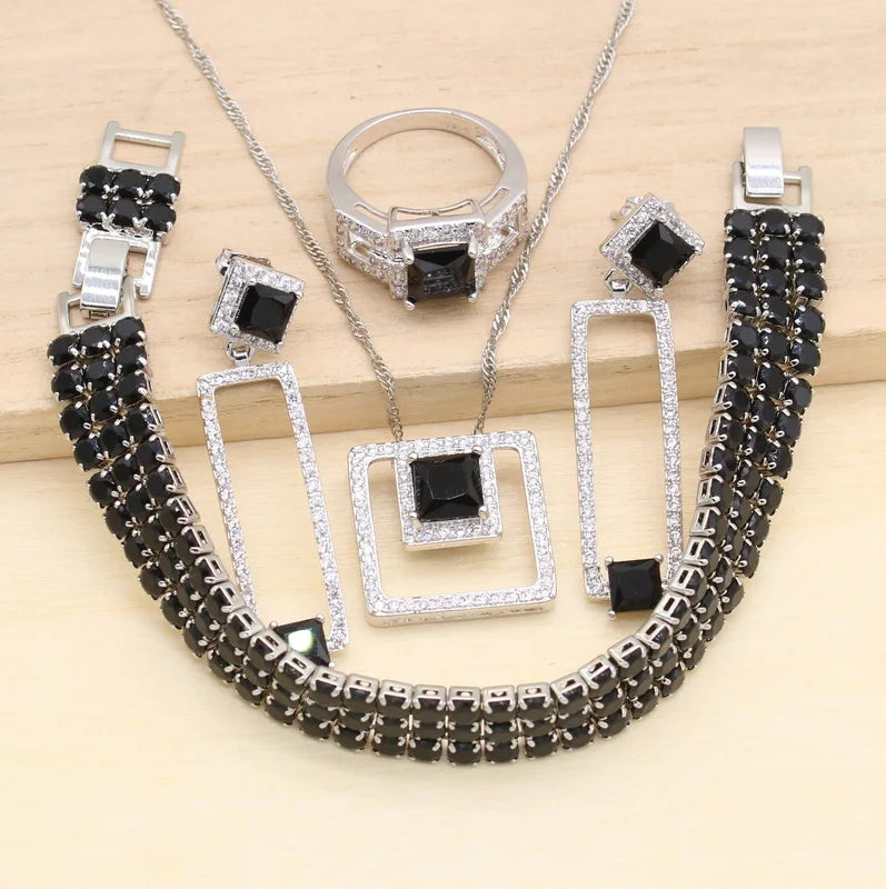 Geometric Classic 925 Silver Jewelry Sets for Women Zircon Ring Earrings Pendant Necklace Bracelet Wedding & Party Gift