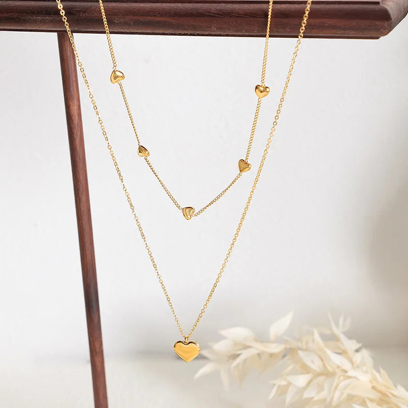 Double Chains Dainty Gold Plated Luxury Women Fashion Jewelry Love Stainless Steel Heart Necklace
