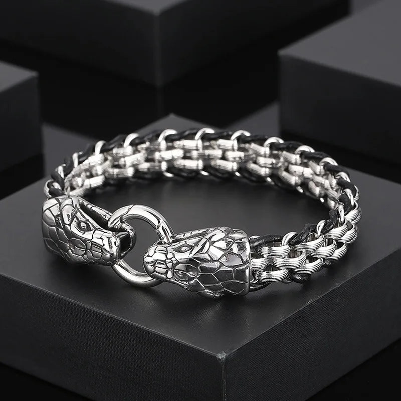 Punk Double Wolf Lion Snake Skull Head 304L Stainless Steel Bracelet for Men Accessories Titanium Steel Animal Bracelet Jewlery