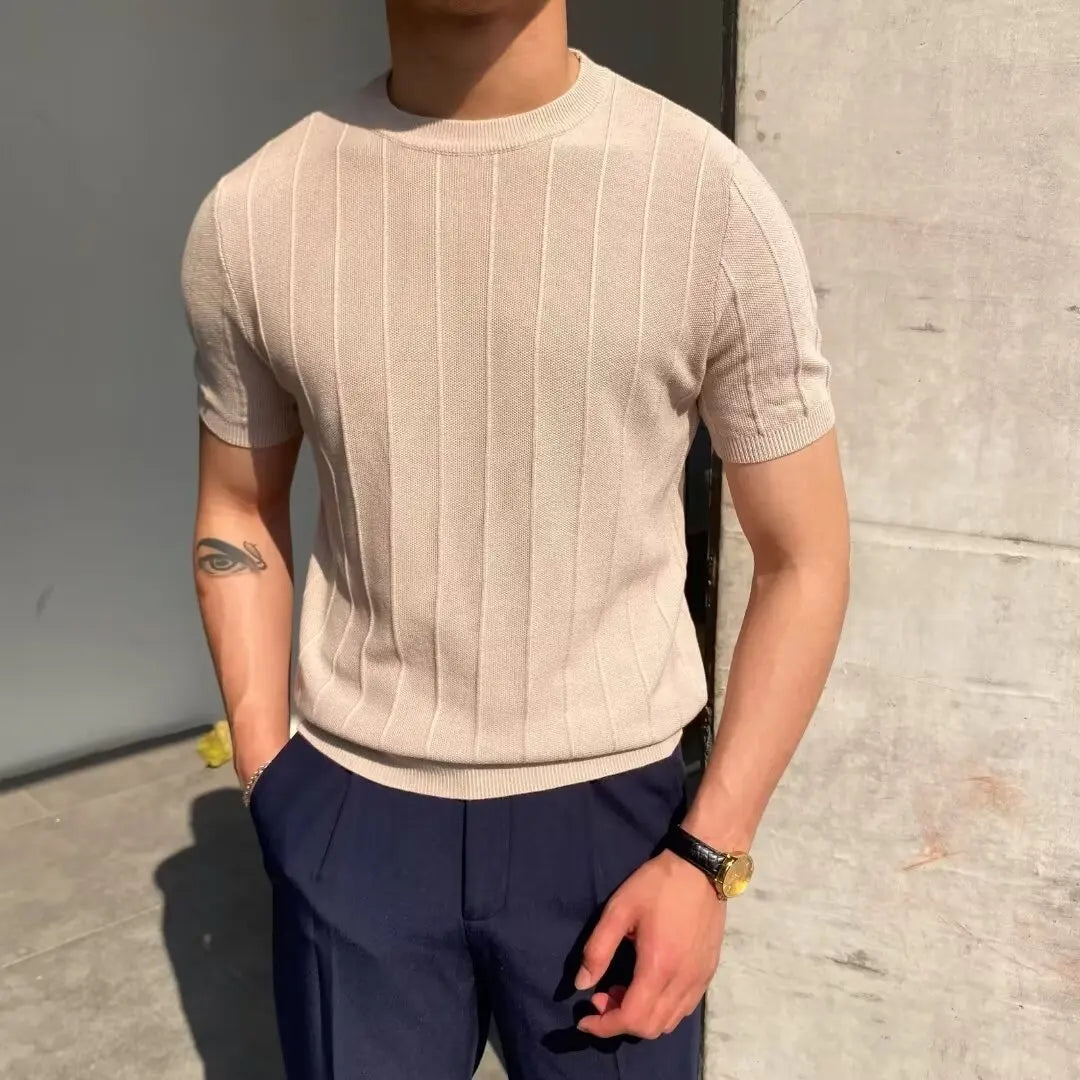 2025 Summer Luxury Men's Knitted Round Neck T-Shirt Summer New Short Sleeved Base Shirt with Ribbed Design Short Sleeve Tops