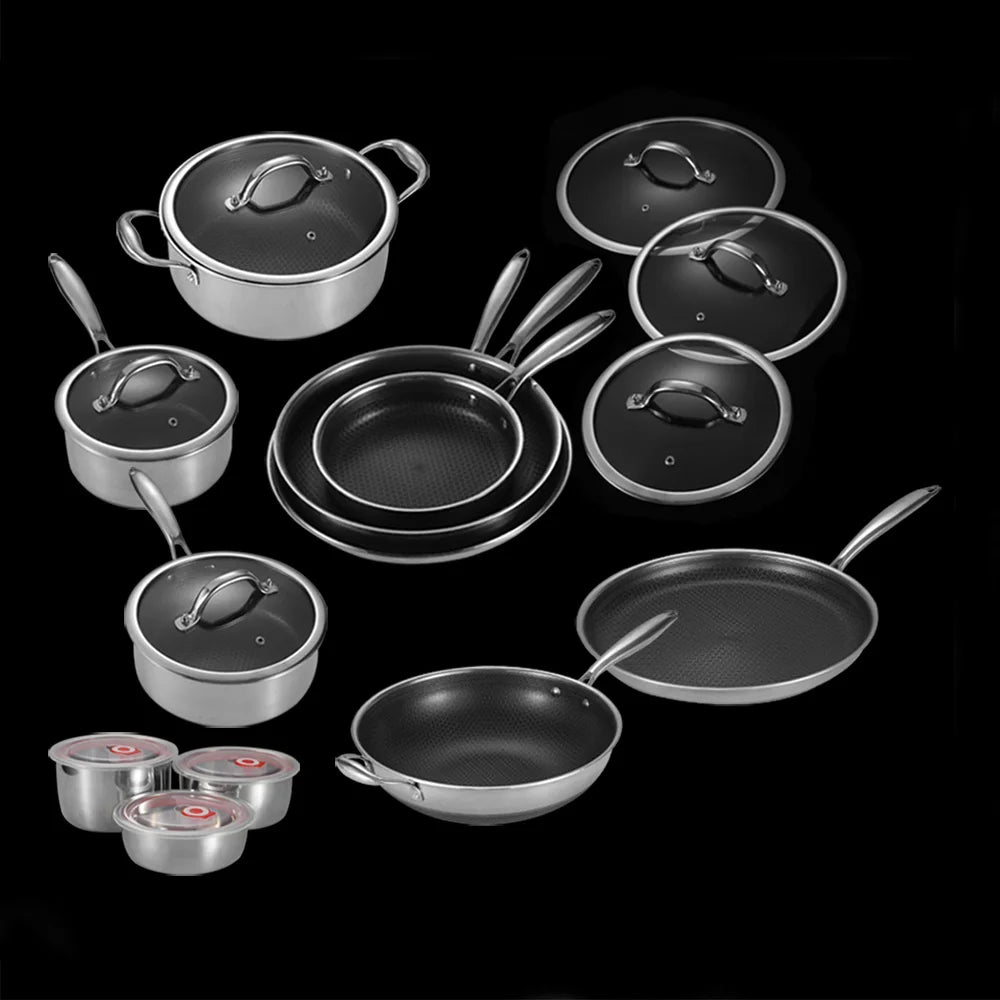 20 Pieces Hex Hybrid Non-stick Honeycomb Bottom 3-ply Stainless Steel Household Kitchen Cookware Set with Handle and Lid