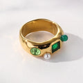 Fashion Trendy 18k Gold Plated Stainless Steel Jewelry Wide Chunky Green Cubic Zirconia Stone Engagement Ring with Pearl