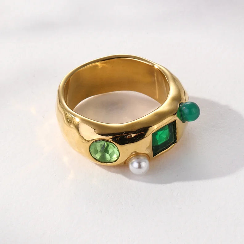 Fashion Trendy 18k Gold Plated Stainless Steel Jewelry Wide Chunky Green Cubic Zirconia Stone Engagement Ring with Pearl