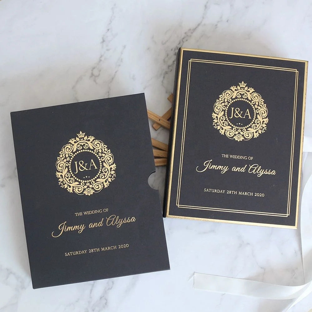 Luxurious Wedding Invitation Card Design Gold and Black Hard Board Box