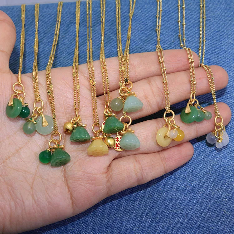 NN1149 Fashion Dainty Natural Jade Seedpod of Lotus Donut Pendant Chain Necklace Chinese Style Lucky Jewelry Jade Necklace