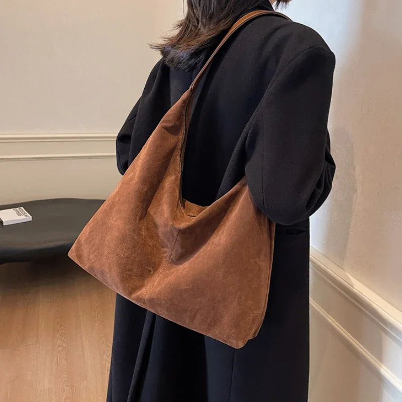 Vintage Faux Suede Shoulder Bags for Women Large Capacity Tote Bag Ladies Commuter Underarm Female Fashion Retro Handbags MegaBDM