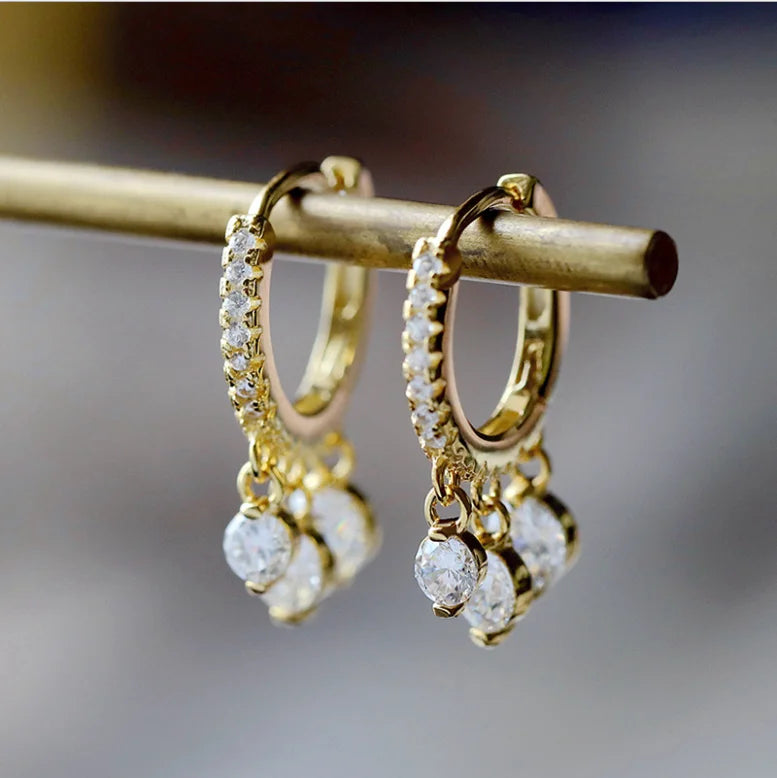 Simple Genuine 925 Sterling Silver Gold Plated Dangle CZ Huggie Earrings
