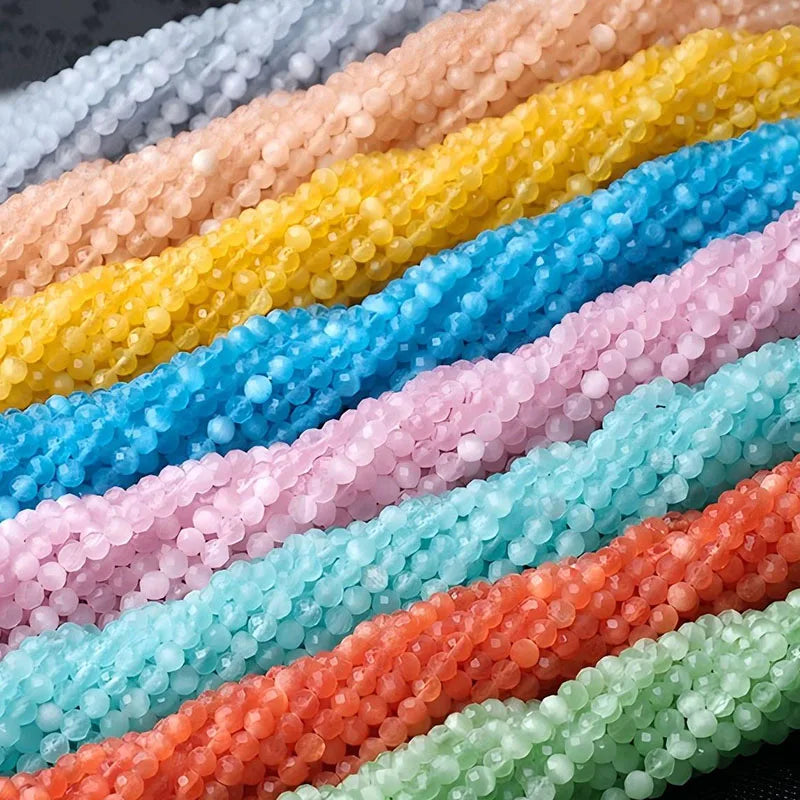 Micro Faceted Colorful Cats Eye Stone Beads Cut Cat's Eye Gems for Jewelry Making 2mm 3mm 36cm Strand