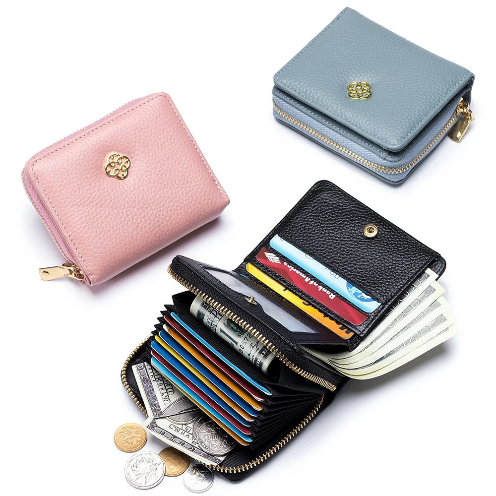 Zip Round Front Pocket Id Credti Card Holder Luxury Wholesale Mini Hand Clutch Genuine Leather Purse Ladies Wallet