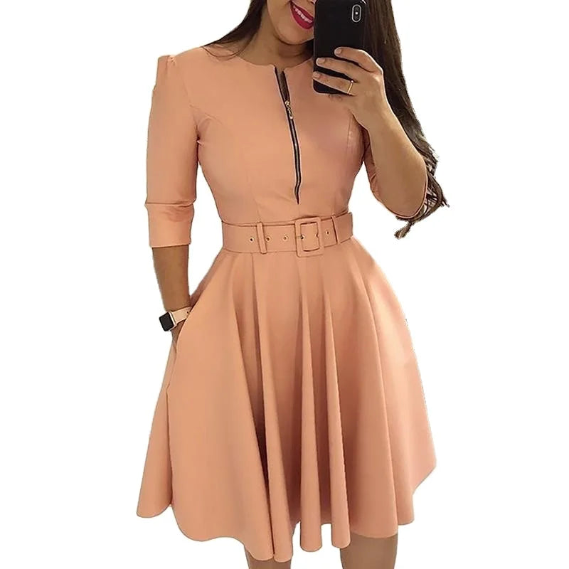 RNSHANGER Elegant Women Solid LongSleeve Party Dress Autumn Casual Zipper Knee-length Midi Dresses Ladies Big Swing Club Dress