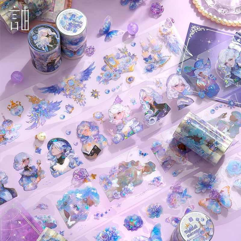 1Roll Shell Light Tape Starry Night Prayer Series PET Handbook Backing Collage Decoration Stickers