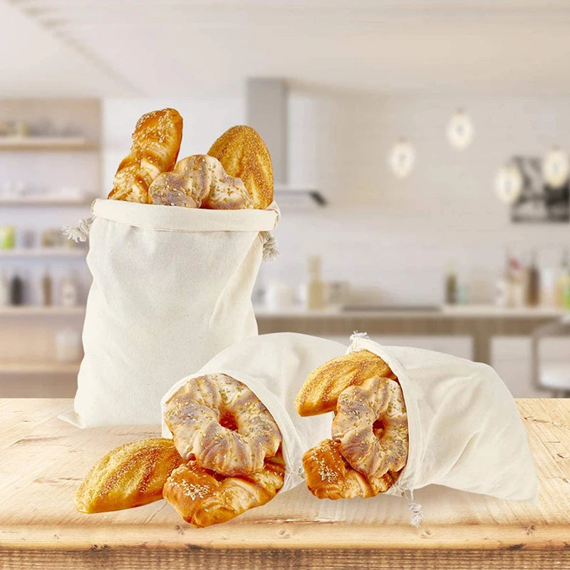 Custom Logo Organic Food Grade Cotton Bread Storage Bag with Drawstring Reusable Cotton Material Bread Bag
