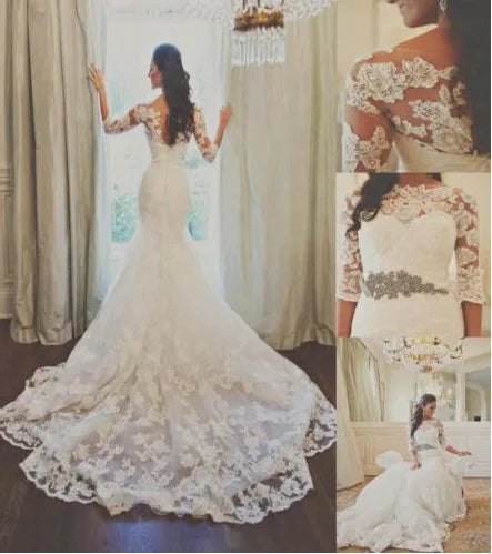AL1414 Pure White Train Civil Wedding Dress Mermaid Lace Crystal Decor Ruffles Factory Wholesale New for 2025 Summer Weddings