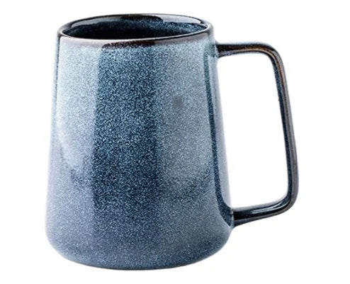 Handmade Retro Large Ceramic Mug with Lid Blue Coffee Mugs and Spoon Vintage Diner Cup for Drinks and Tea