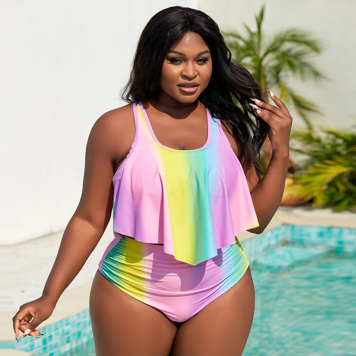STOCK Tie-Dyed Print Big Ruffle Plus Size Swimwear for Women Ruched L-4XL High Waist Bikini