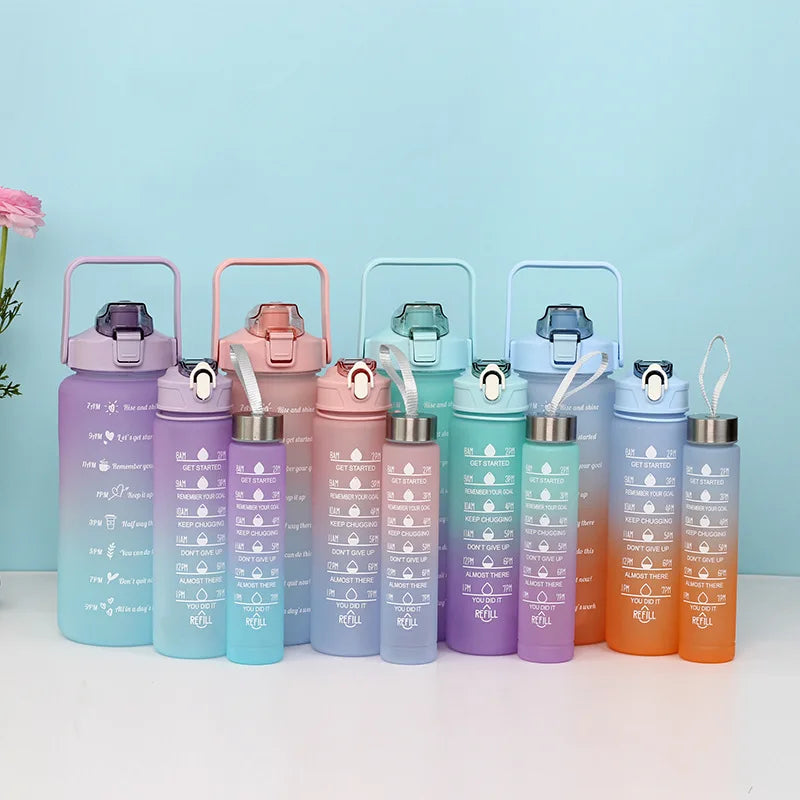 2L 3 in 1 Eco-Friendly BPA Free Plastic Motivational Sports Drinking Water Bottle Tumbler with Straw Applicable for Adults