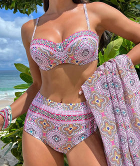 3Pcs Boho Mandala Ethnic Print High Waist Bikini Set Push up Top With Wrap Sarong Cover up Bohemian Resort Swimwear