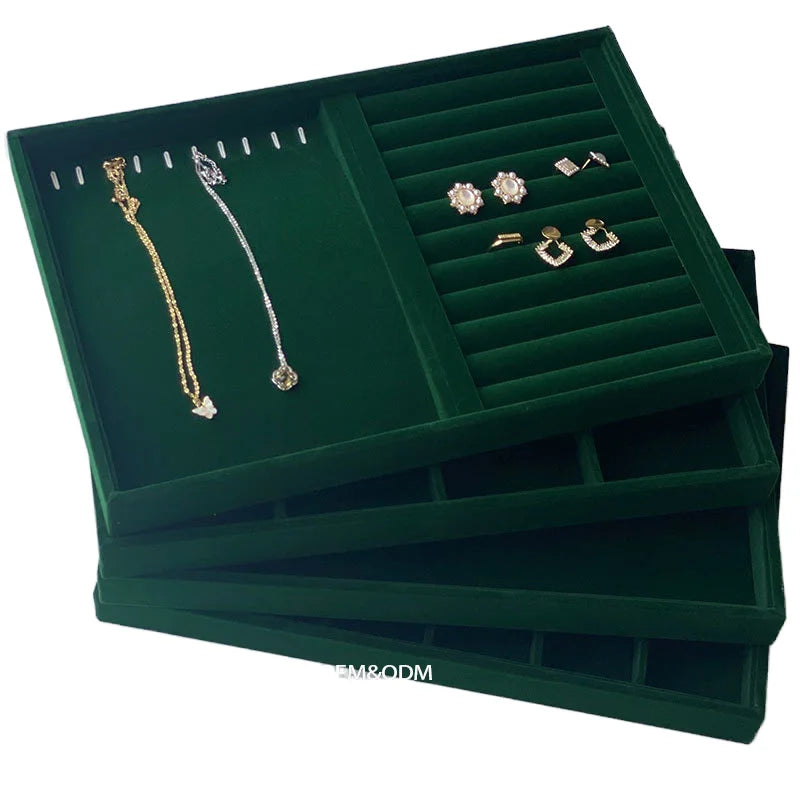 New Small Medium Dark Green Flannelette Jewelry Tray for Ring Earrings Bracelets Display Pouch Bag Packaging Included