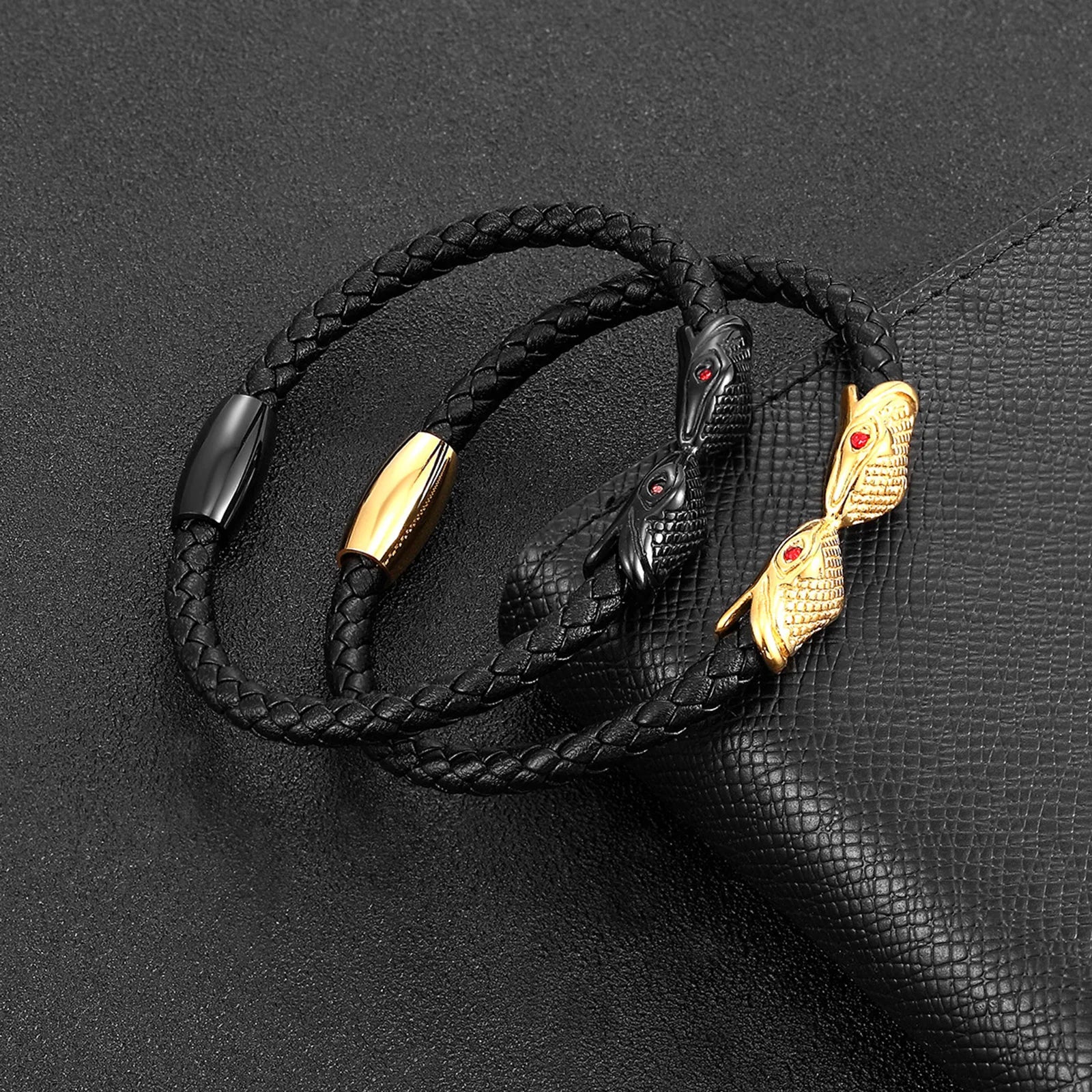 New Design Stainless Steel Snake Charm Real Genuine Leather Bracelet Jewelry for Men