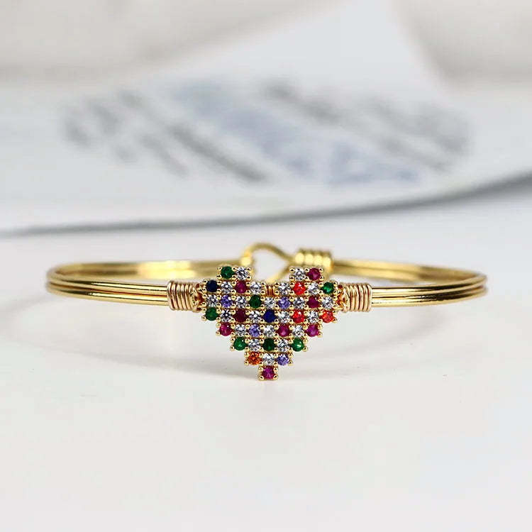 BA1026 Fashion Jewelry Trendy Colourful Heart Brass Bangle Gold Plated Diamond CZ Micro Pave Copper Bangles