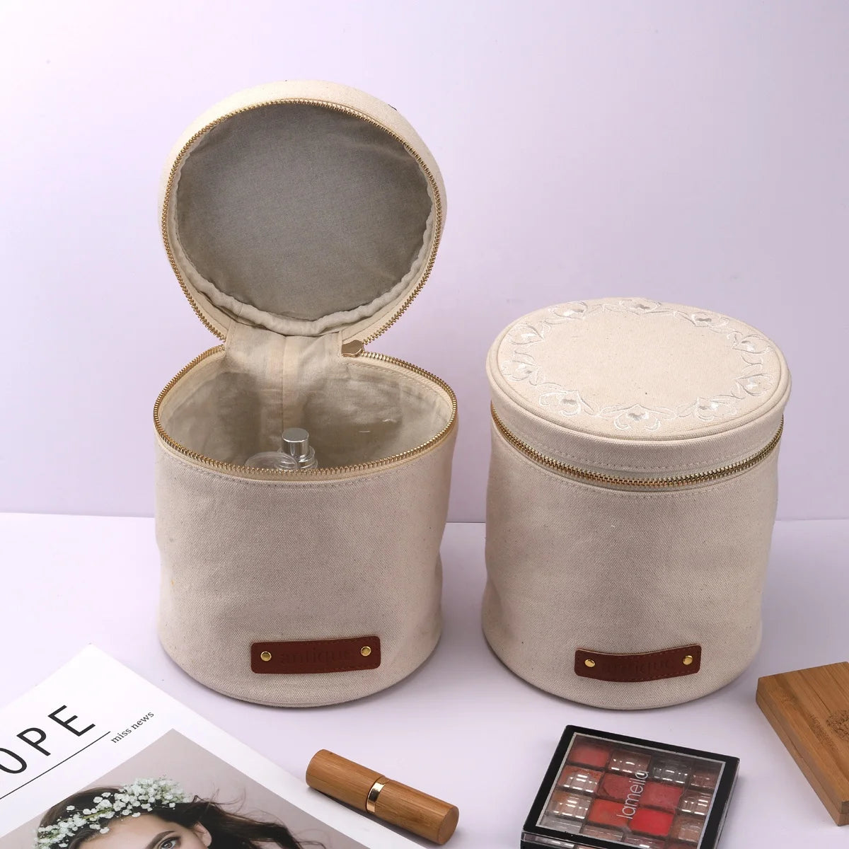 Round Portable Canvas Custom Women Bucket Cosmetic Bag Zipper Skincare Travel Cotton Canvas Makeup Cosmetic Pouch