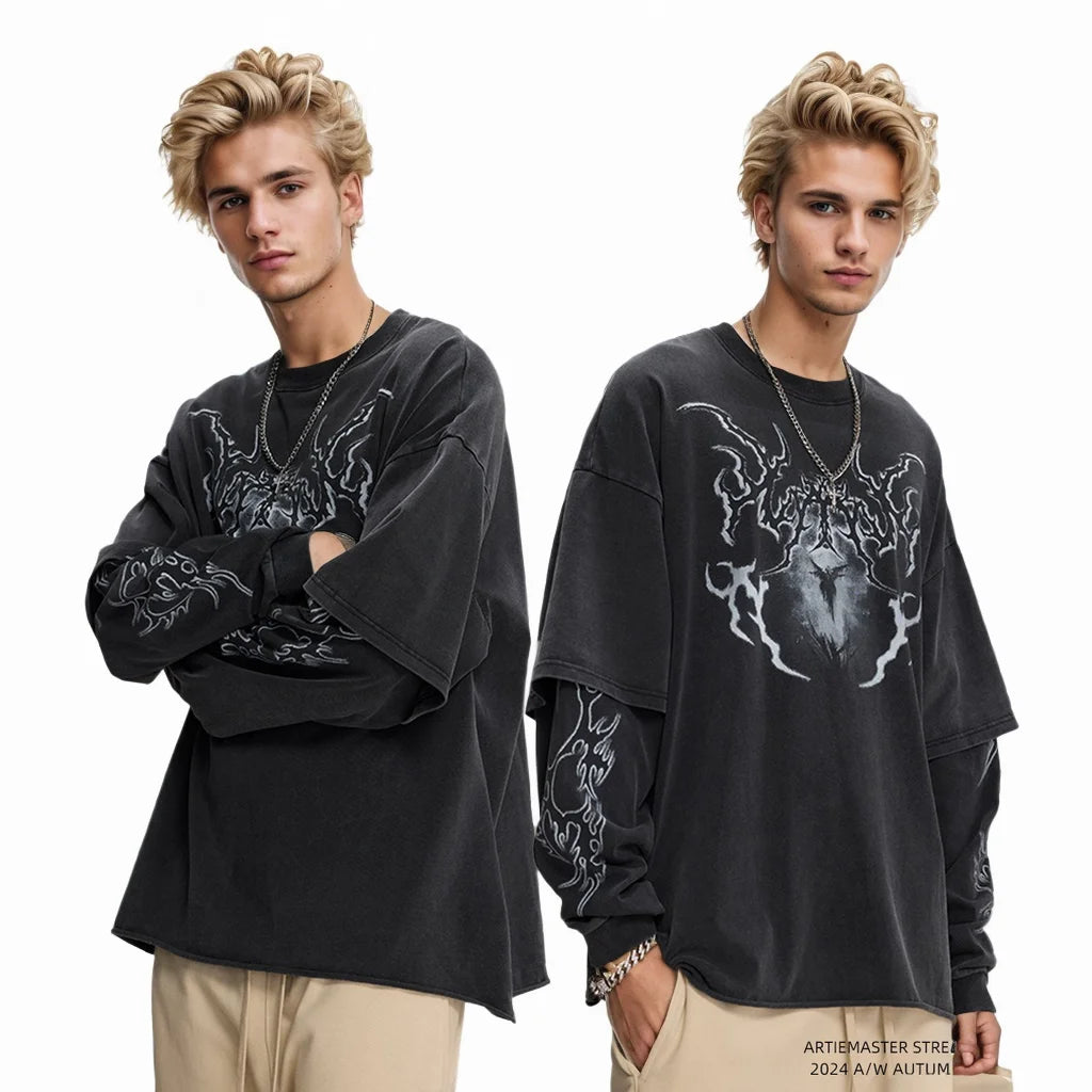 Custom Dtg Screen Print T-Shirt Cotton Ripped Distressed Stone Vintage Acid Wash Double Layer Long Sleeve T Shirt for Men
