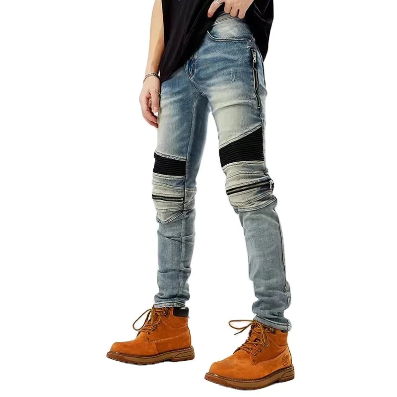 606 Men's Biker Denim Jeans Eco-Friendly Breathable Hip Hop Rivet High Street Streetwear Blue Stacked Designer Boyfriend Leather