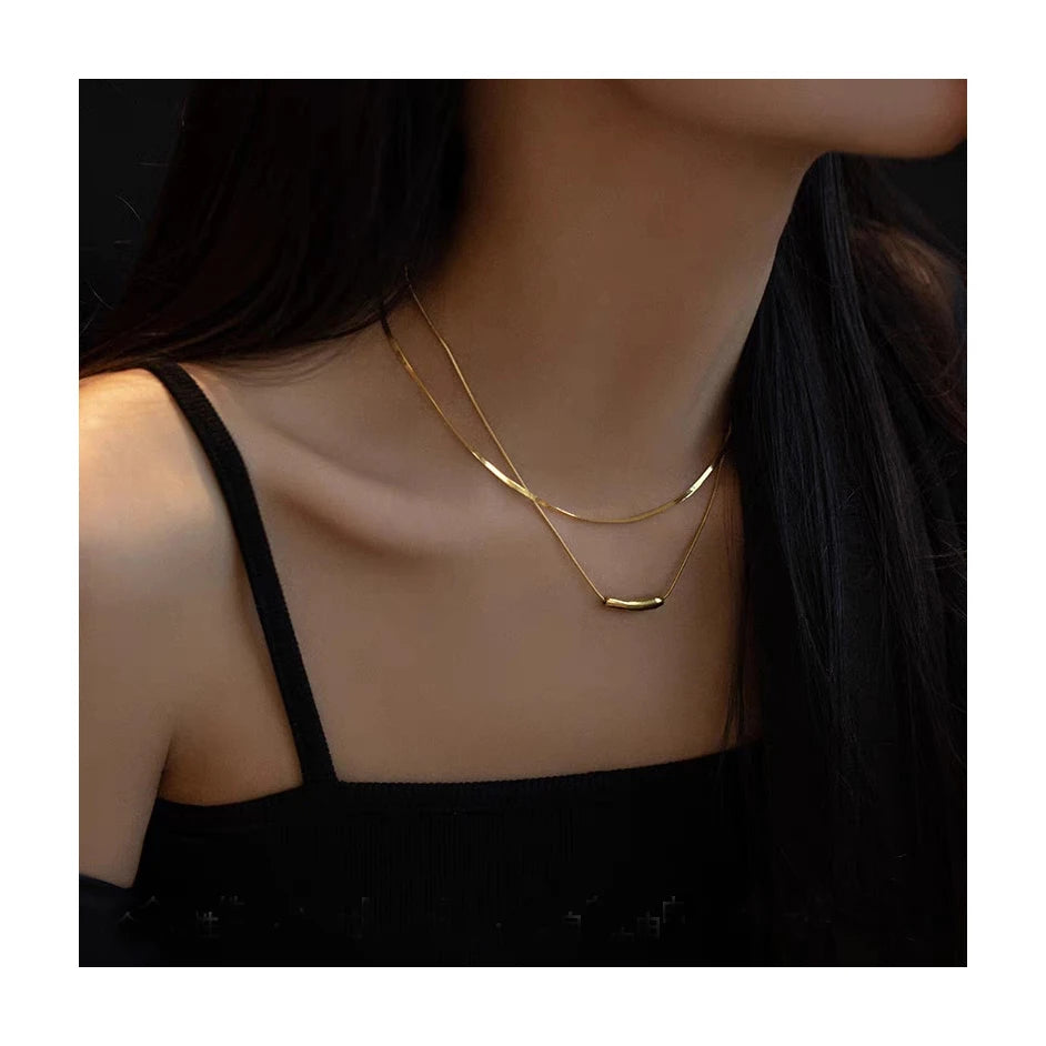 ERESI Waterproof Fashion Jewelry Stainless Steel Bar Necklace 18K Gold Plated Double Layer Snake Chain Necklace for Women
