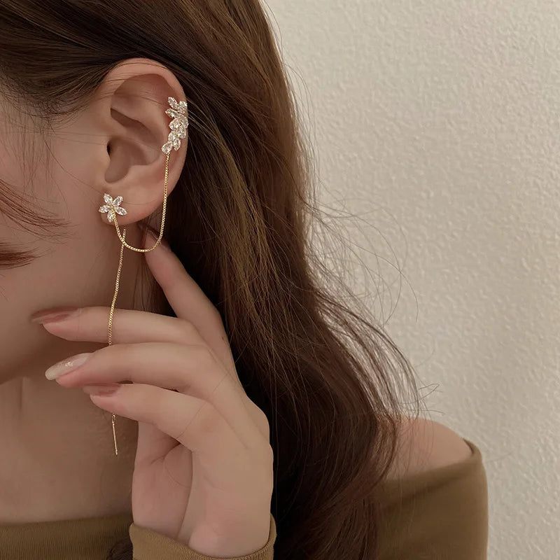 Fashion Pop Long Tassel Crystal Flower Zircon Star Ear Cuff Earrings for Girls