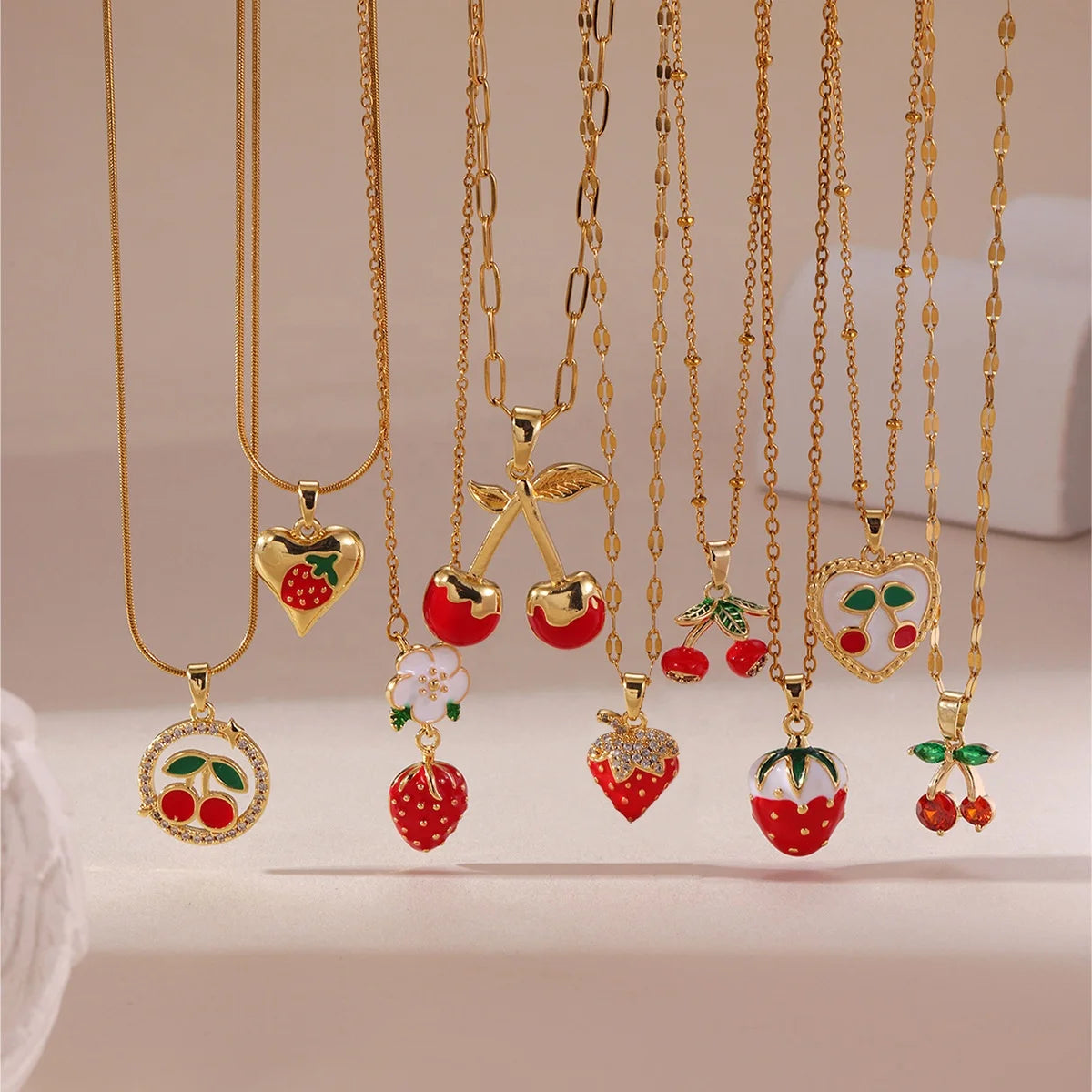 2025 Trendy Stainless Steel Fruit Pendant Necklace Strawberry Cherry Necklace Thin Snake Chain Necklace for Women Jewelry Gift