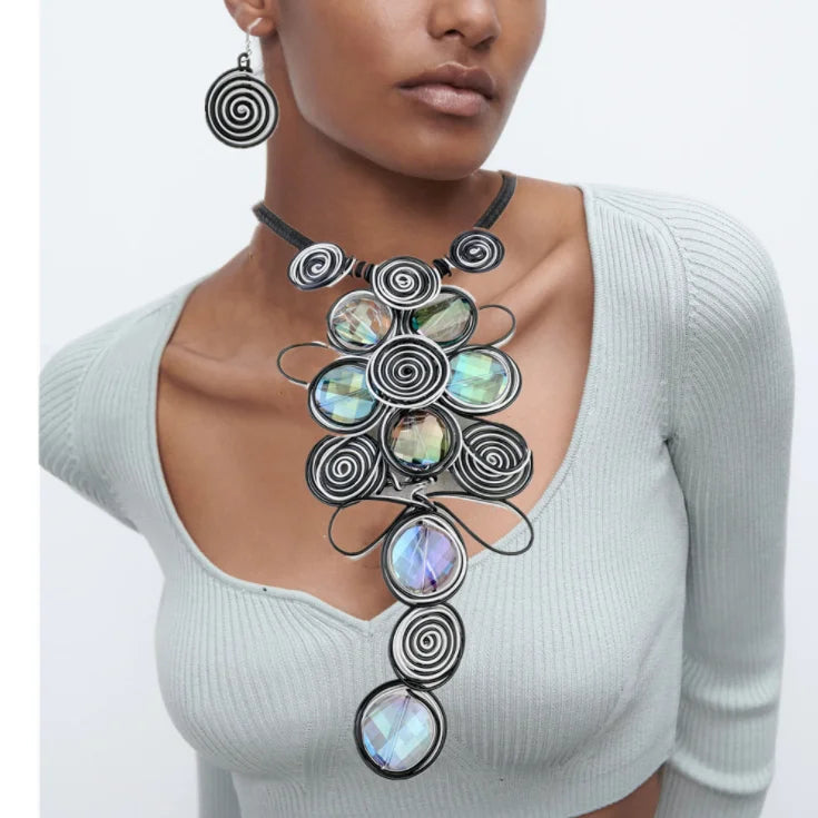 Fashion African Jewelry Sets Statement Handmade Long Pendants Big Crystal Beads Necklace with Alloy Helical Drop Earrings Sets