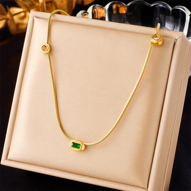 New Simple Fashion 18k Gold Plated Non Tarnish 316L Stainless Steel Emerald Zircon Necklace for Women