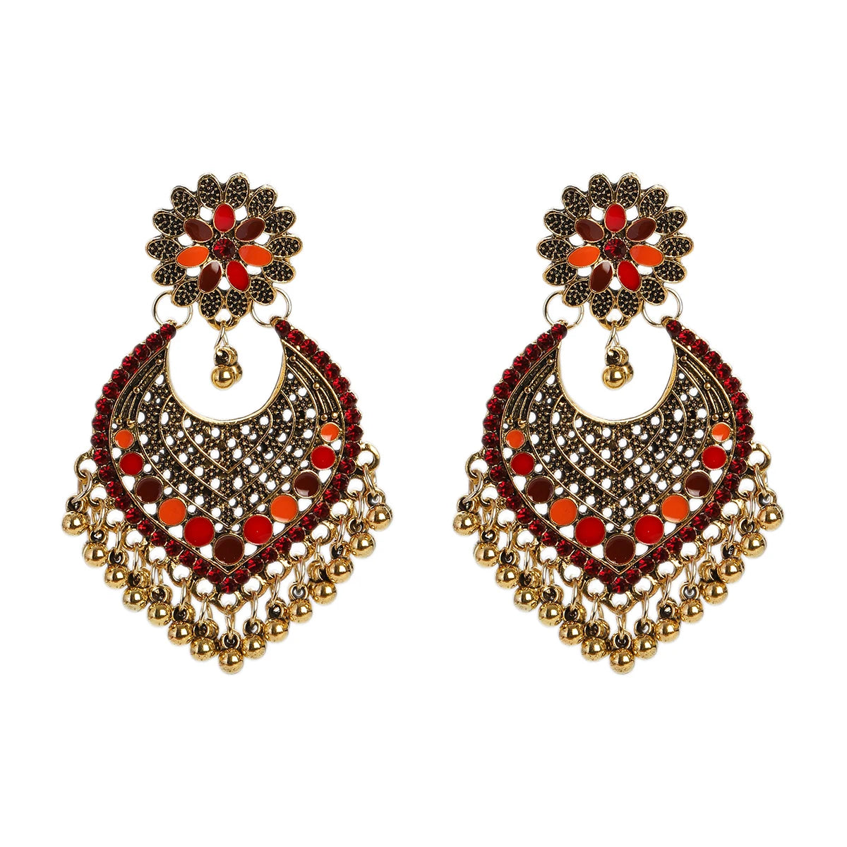 Retro Ethnic Gold Heart Shape Gold Carved Earring Jhumki Jhumka Style Indian Jewelry Tassel Bead Pendant Tebet Earrings