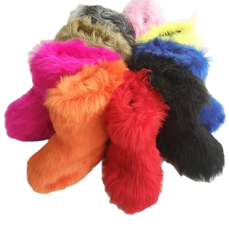 Korea Ladies Fluffy Fashionable Girls Multi Color Faux Furry Faux Fur Winter Shoes Women Faux Fur Boots