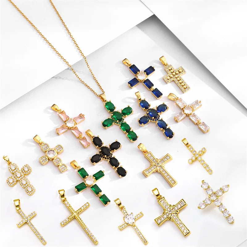 Fashion Cross Charm Pendant Copper Gilding Crystal Religion Pendant Jewelry Women Necklace