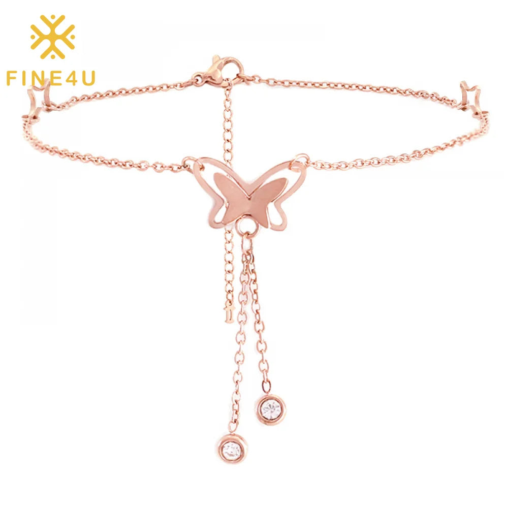 Summer Women Fashion Jewelry Non Tarnish Waterproof Cubic Zircon 18 K Gold Plated Stainless Steel Butterfly Anklets