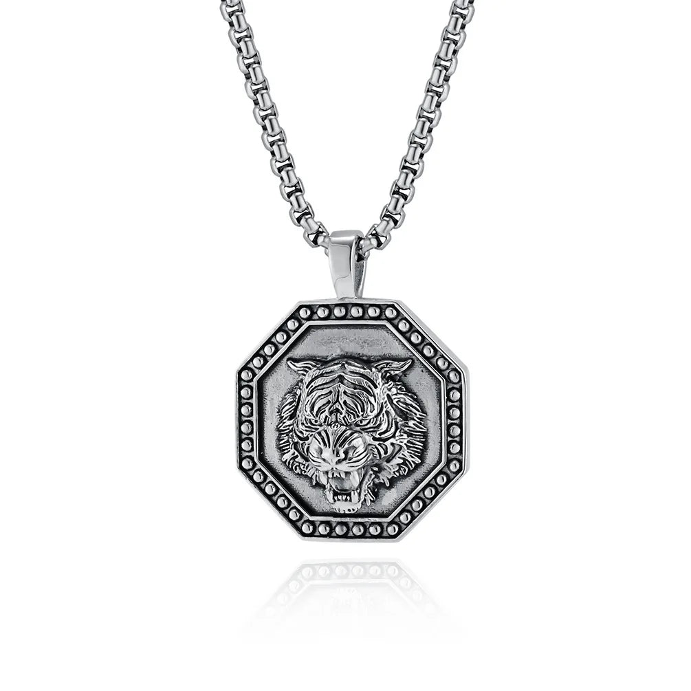 Hip Hop Vintage Man Stainless Steel Geometric tiger Pendant Necklace