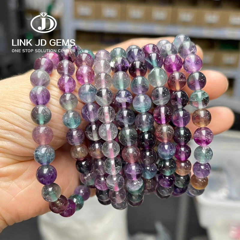 JD Wholesale Colorful Charm Crystal Healing Energy Stretch Bracelet Wrist Jewelry Natural Ice Rainbow Fluorite Bracelet