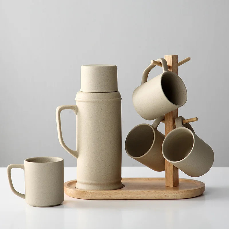 Light Luxury Nordic Style Ceramic Coffee & Tea Set with Wood Frame Home Living Room Water Cup & Teapot Set