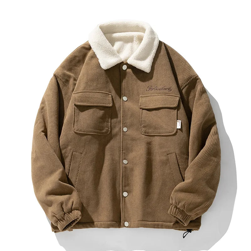 Wholesale Breathable Vintage American Letter Embroidery Sherpa Lined Winter Coat Corduroy Varsity Work Jacket for Men