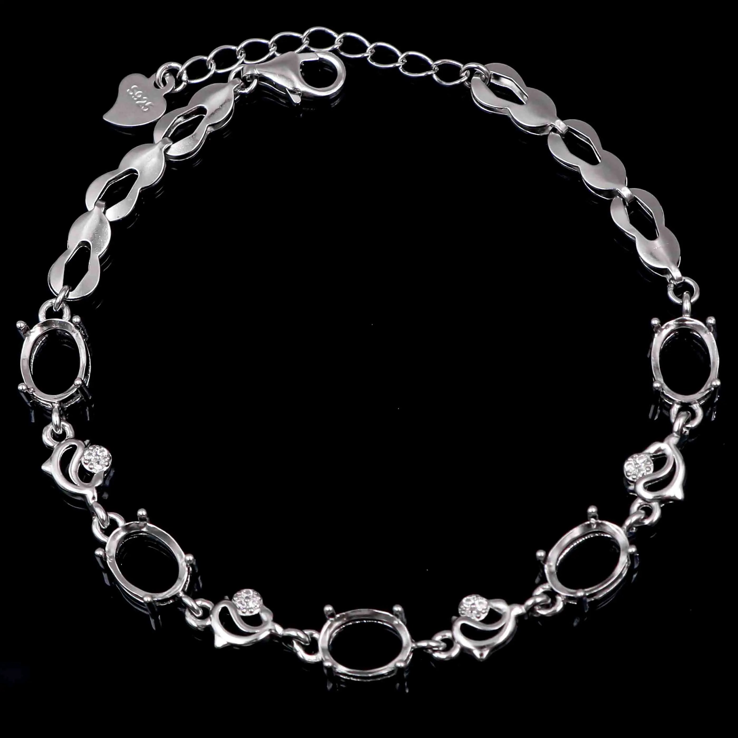 Sterling Silver 6*8mm Semi Mount Bracelet Empty Support Blank Claw Setting S925 Mountain Base Holder Without Stone for Inlay DIY