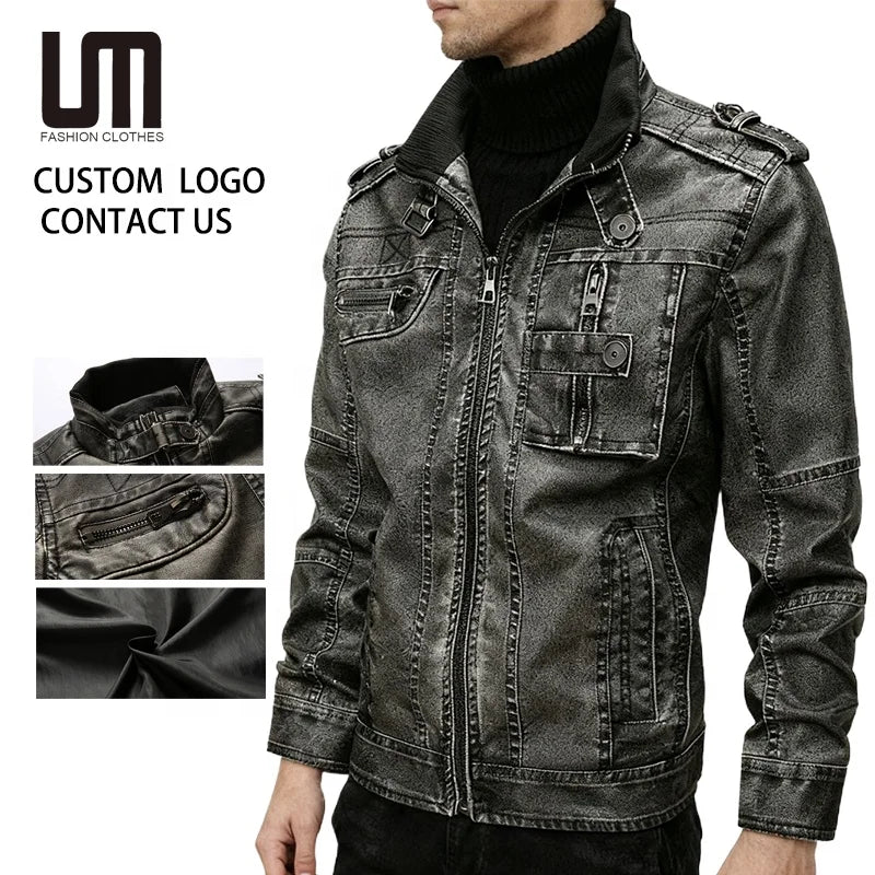 Custom Design Wholesale Winter Men's Jackets Vintage Faux PU Leather Plus Size Casual Coats Outwear Windbreaker