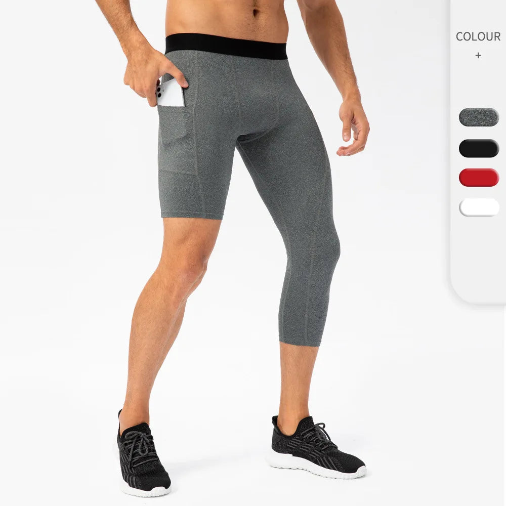 Men's Tight-fitting Single-leg Fitness 3/4 Jogger With Pockets Basketball Training Leggings Quick-drying Cropped Sweatpants